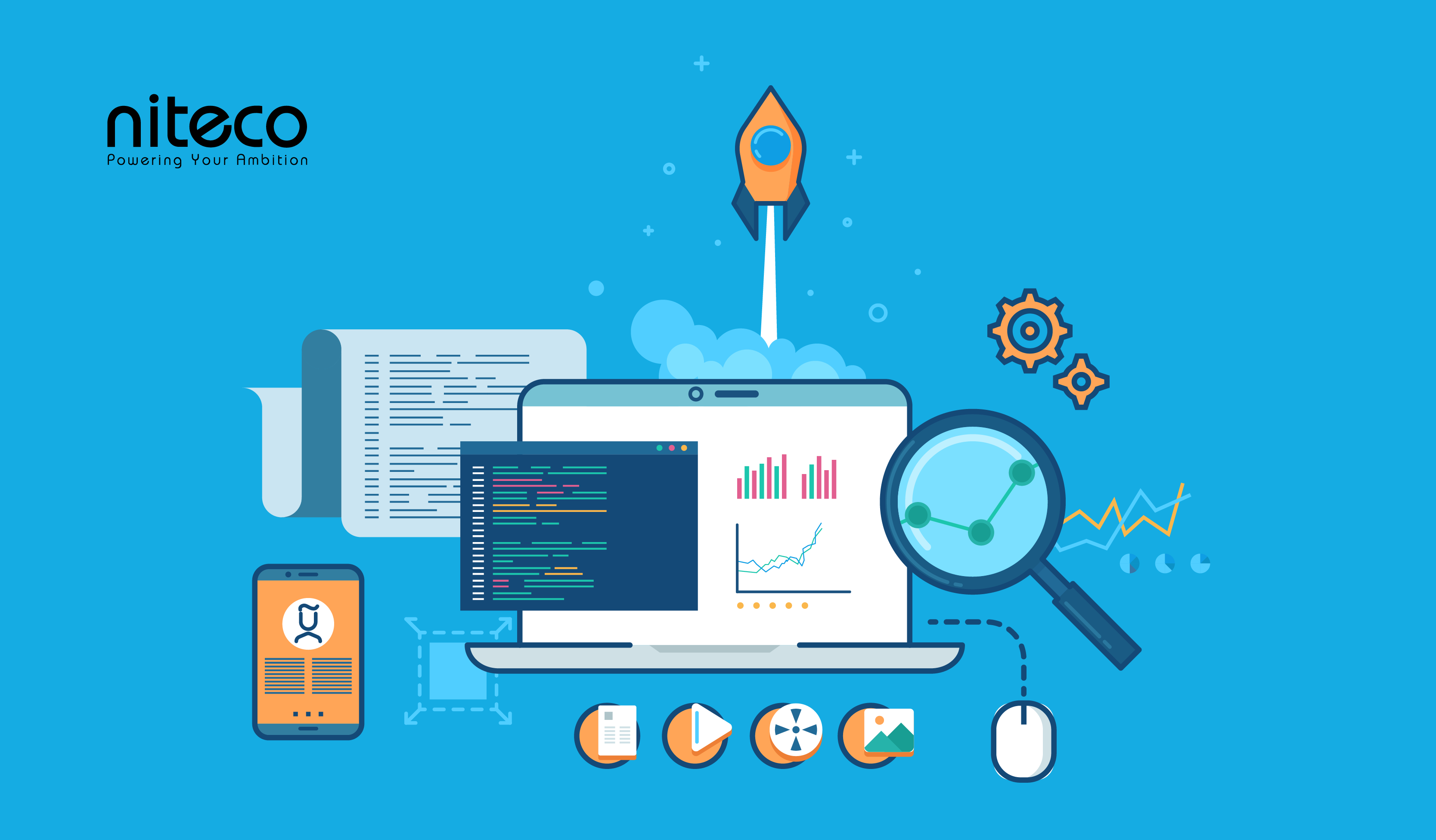 The image shows a blue background with various technology-related illustrations. On the top left corner, there is a logo a...