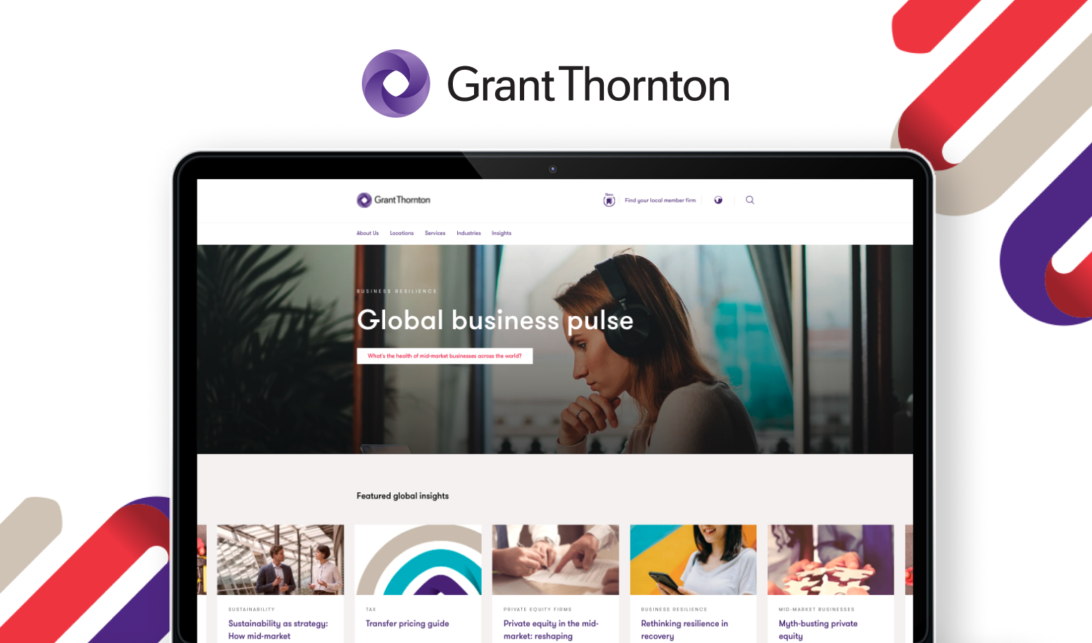 The image shows a digital screen (likely a tablet) displaying the homepage of Grant Thornton's website. At the top center,...