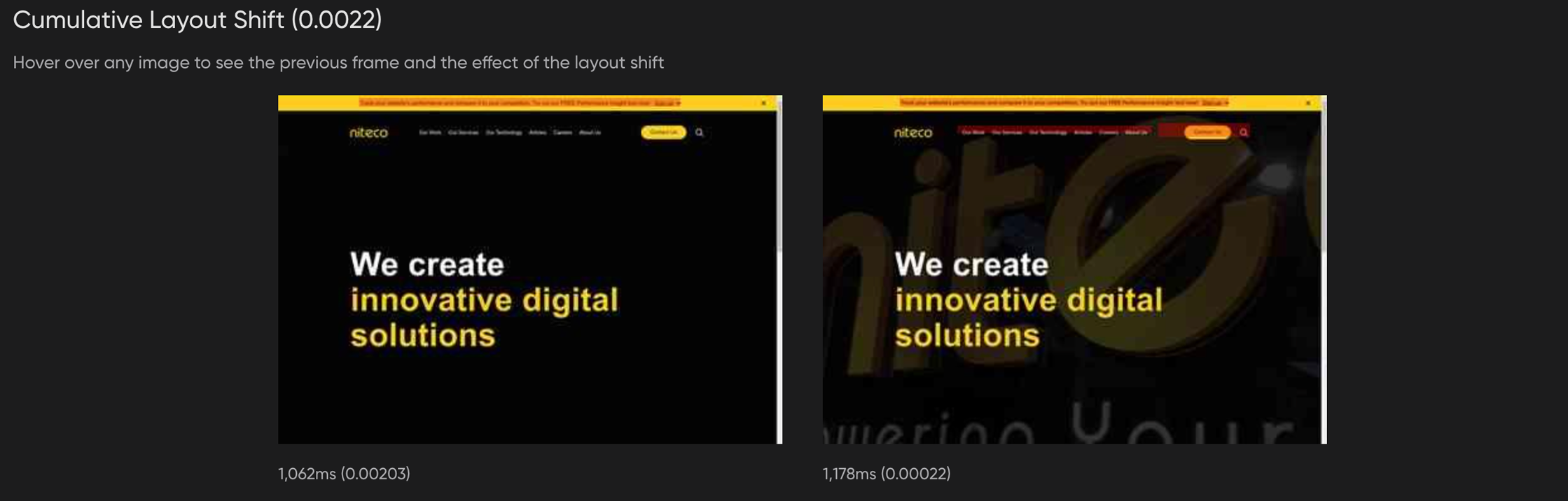Two screenshots of a website header with the text "We create innovative digital solutions".
