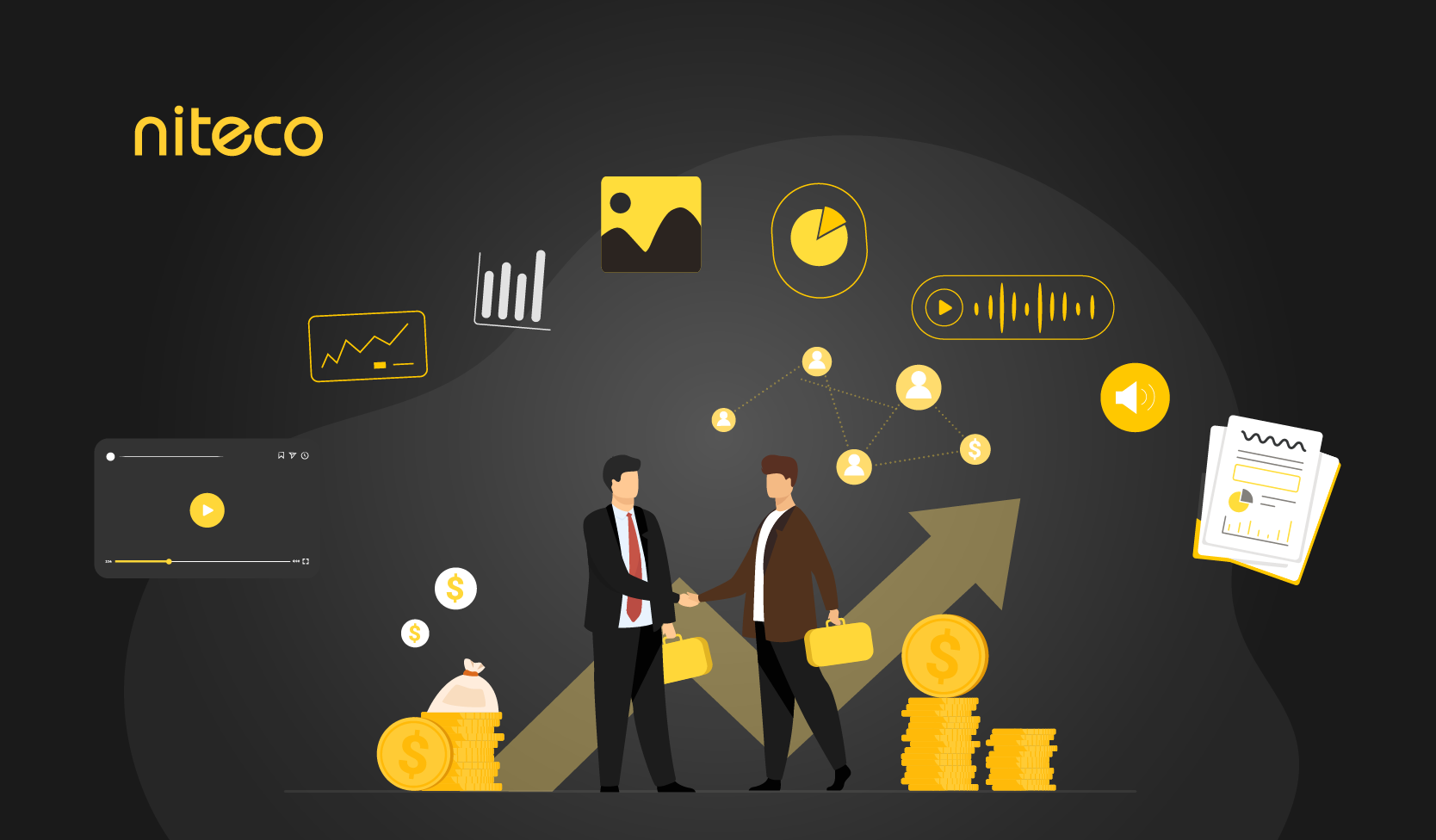 The image is a stylized business and finance illustration with the following elements:

- Two men shaking hands, each hold...