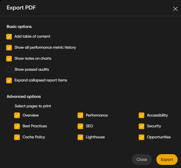 Export PDF options with basic and advanced settings, most boxes checked except passed audits
