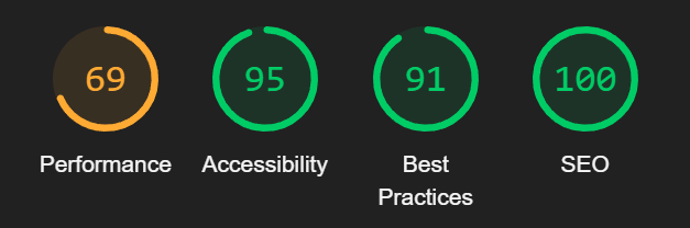 Performance 69, Accessibility 95, Best Practices 91, SEO 100 scores.
