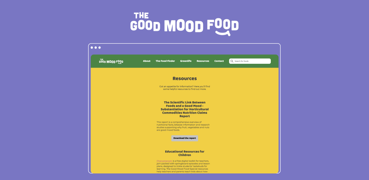 The image shows a web page titled "THE GOOD MOOD FOOD" with a purple background. The main content is displayed within a si...