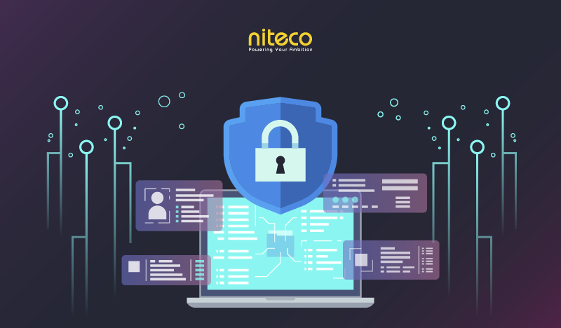 The image shows a stylized graphic related to cybersecurity or data protection. It features a laptop with various floating...