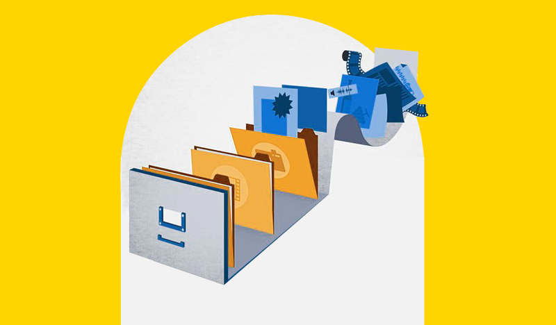 The image shows a stylized filing system with folders and various media represented on them. The folders, which appear to ...