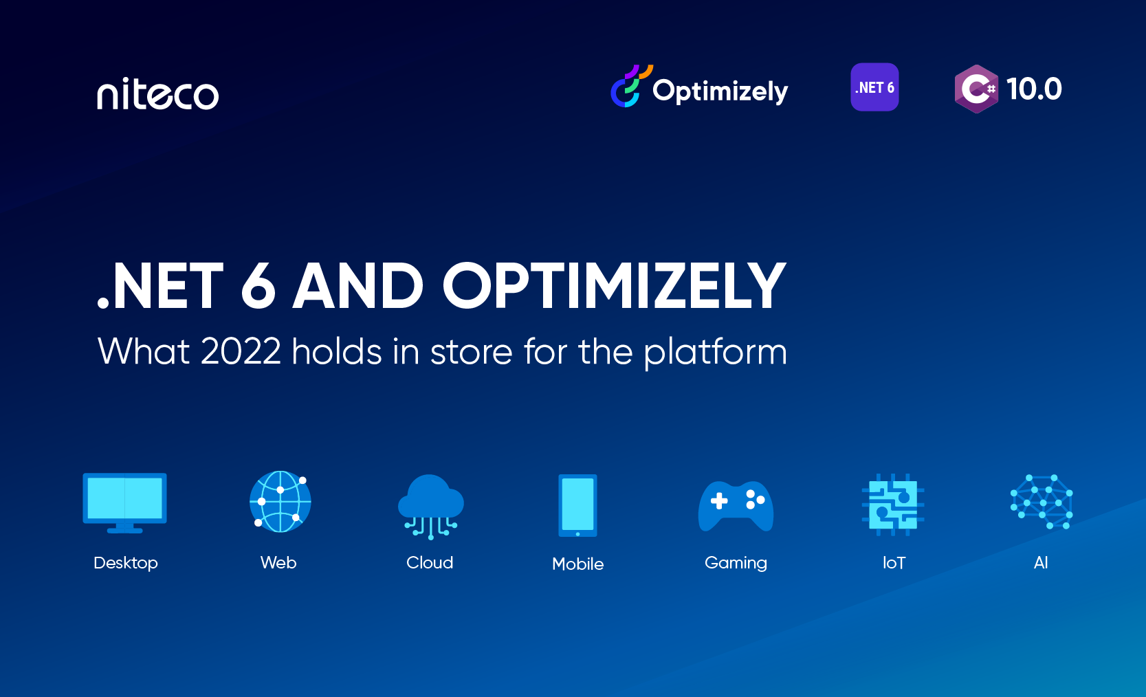 The image is a banner or presentation slide with the title ".NET 6 AND OPTIMIZELY" and a subtitle "What 2022 holds in stor...