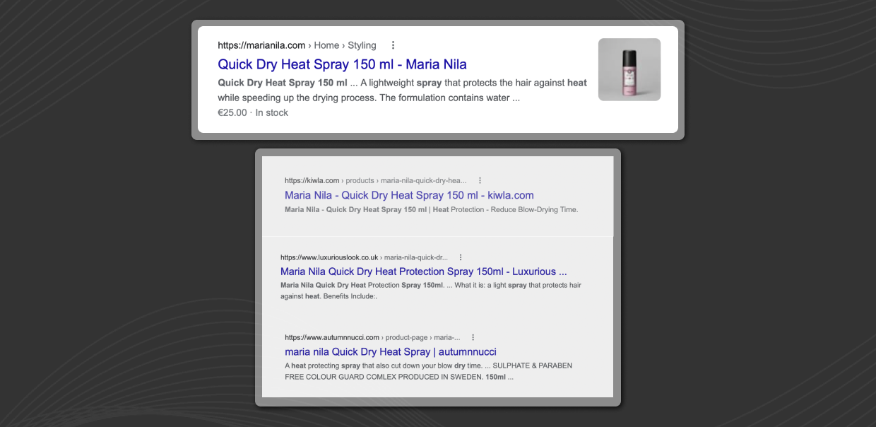 The image shows a Google search snippet and related product search results for "Quick Dry Heat Spray 150 ml - Maria Nila."...