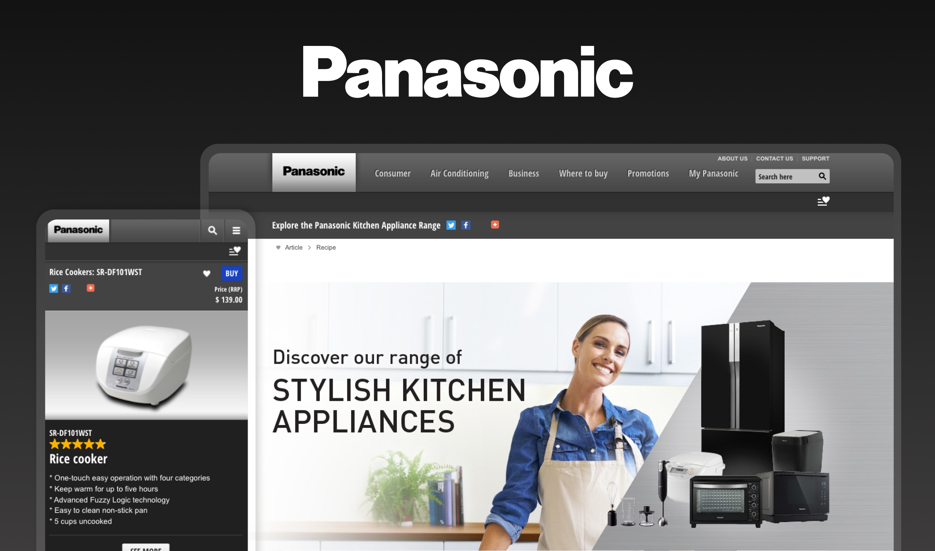 The image shows a Panasonic webpage interface with a focus on kitchen appliances. At the top, there is the large "Panasoni...