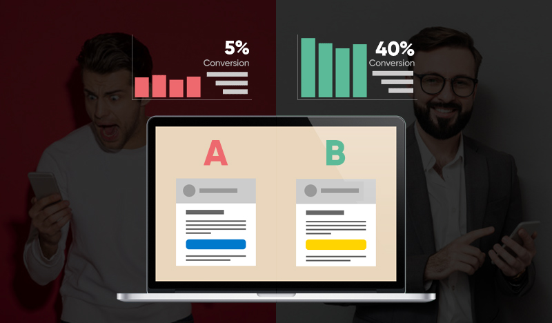 The image depicts an A/B testing comparison. On the left side (labeled A), there is a red-themed testing variant with a 5%...