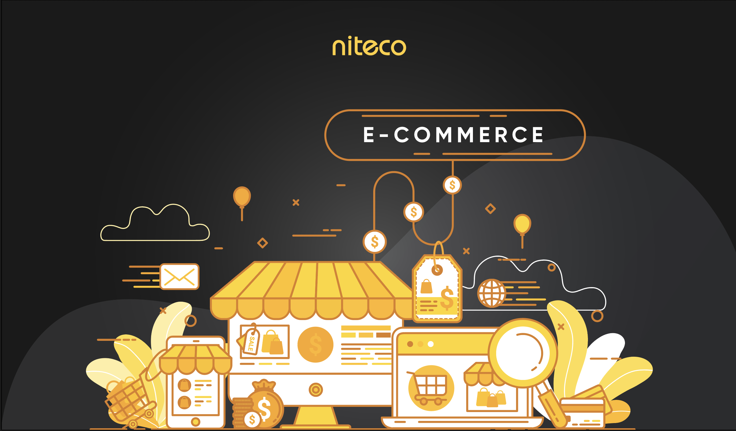 The image is an illustration representing the concept of "Commerce." It prominently features the "niteco" logo at the to...
