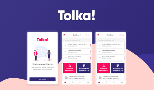The image shows a promotional view of a mobile app named "Tolka!" with three phone screens on a purple and pink background...