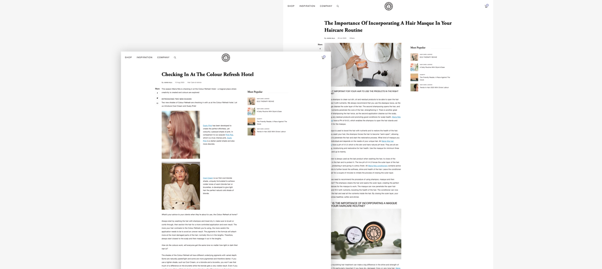 The image shows two web pages from a beauty or haircare website with articles about hair care routines and hair color trea...