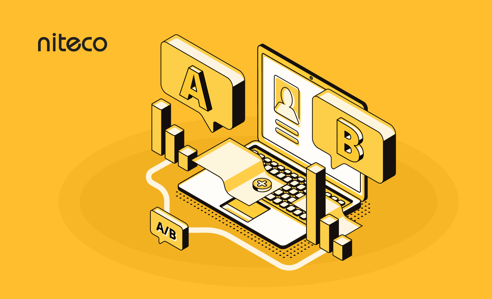 The image features a bright yellow background with an isometric illustration of a laptop at the center. On the laptop scre...