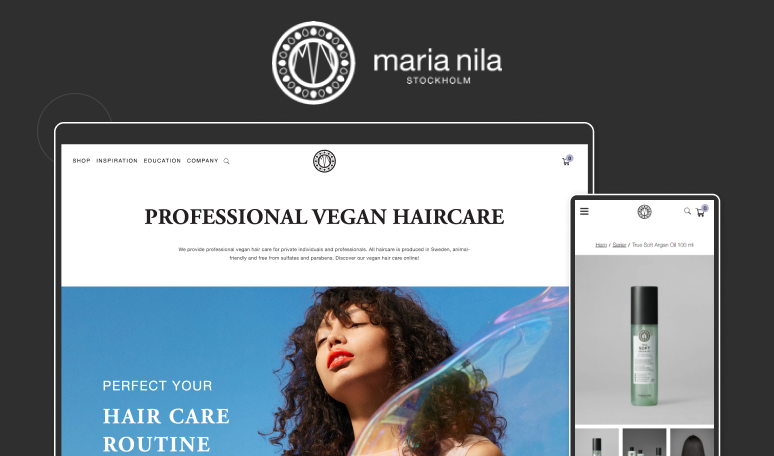 The image shows a website display for "Maria Nila Stockholm," a brand specializing in professional vegan haircare products...