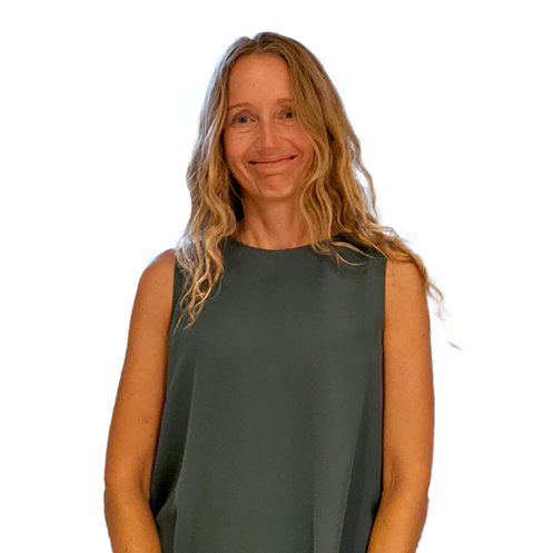 Smiling woman with long wavy blonde hair wearing a sleeveless dark top