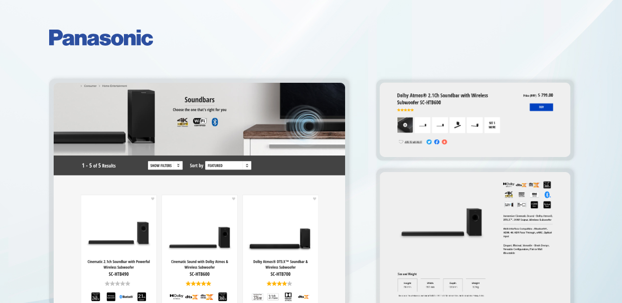 The image shows a product page for Panasonic soundbars on their website. Here is a summary of the content:

- The page hea...