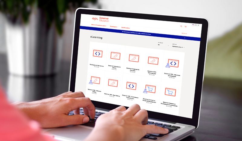 The image shows a laptop screen displaying an eLearning platform from "Optimizely Education." The screen presents a grid of...