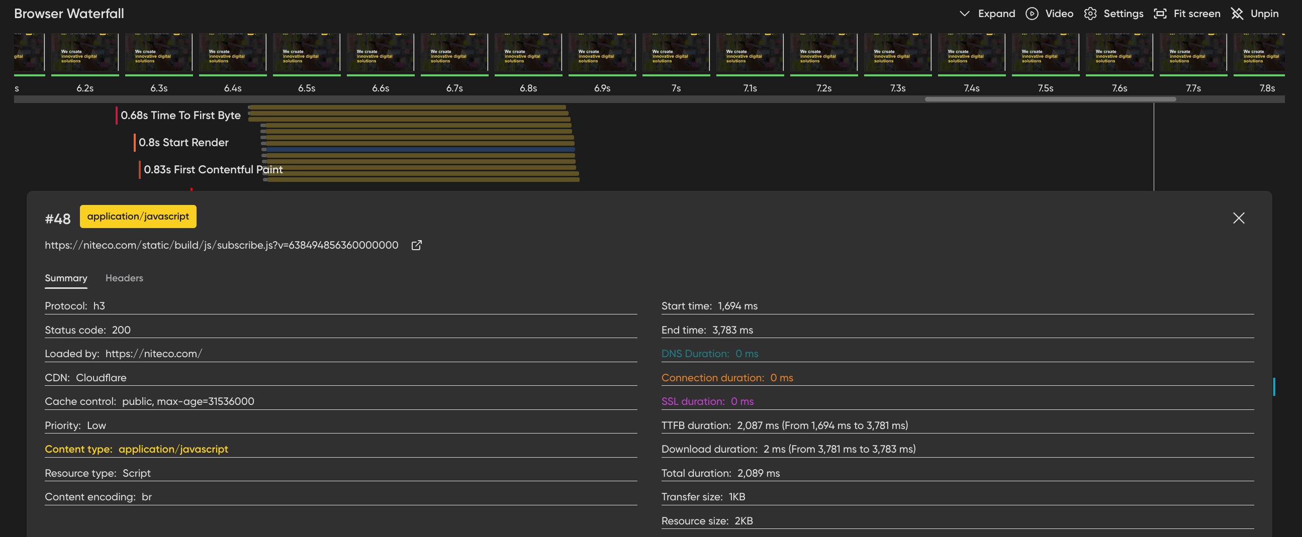 Browser waterfall chart showing JavaScript file load timing and details.
