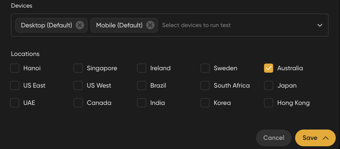 Device and location selection menu with Desktop, Mobile, and Australia checked.