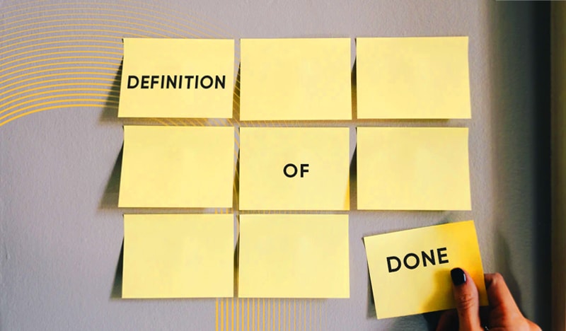 The sticky notes in the image spell out "DEFINITION OF DONE" with the words written on separate sticky notes arranged on a...