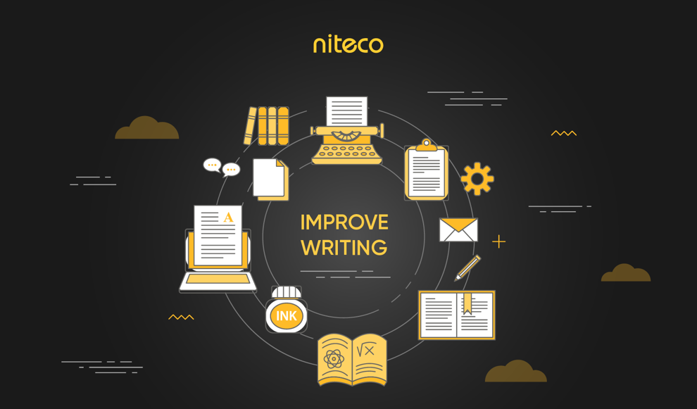 This image features the word "niteco" at the top center, followed by the words "IMPROVE WRITING" in the middle. Surroundin...