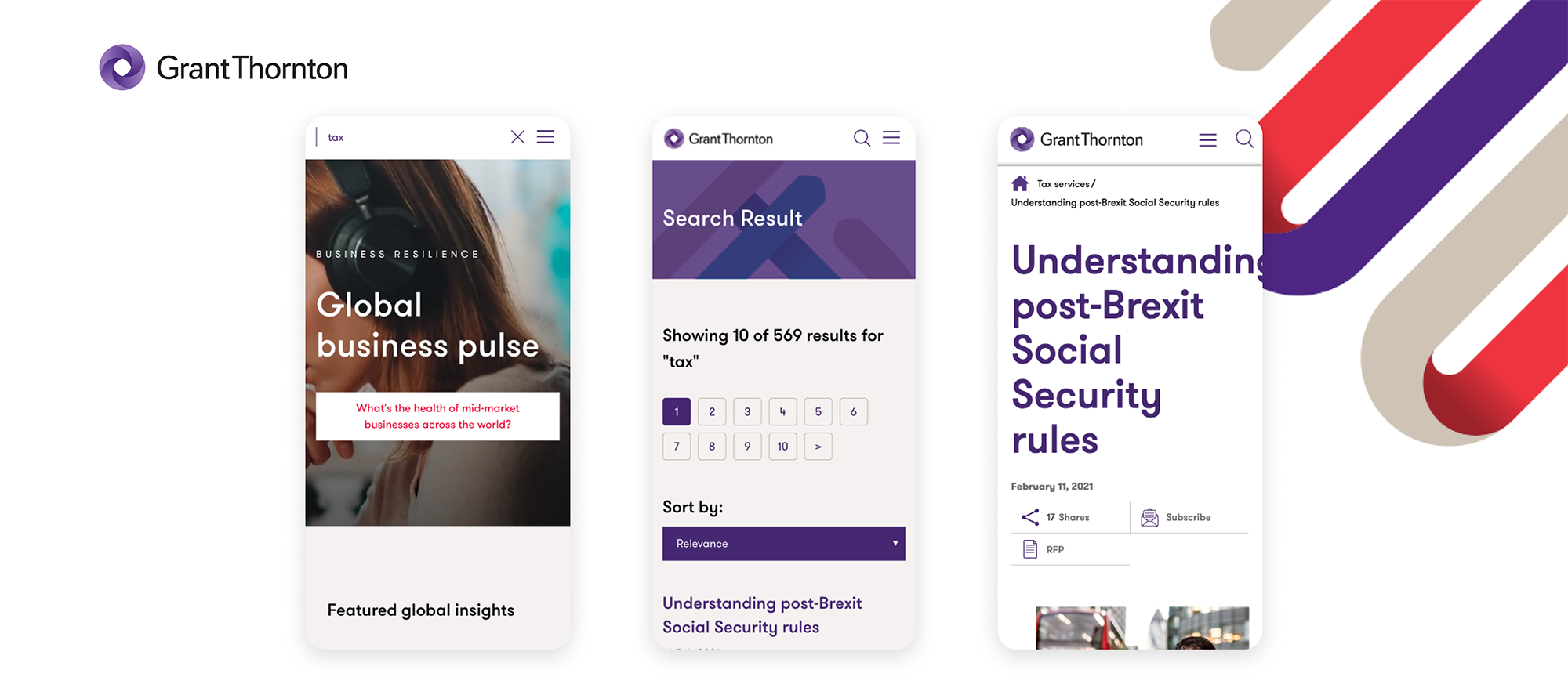 The image shows three mobile phone screens depicting different pages from the Grant Thornton website, alongside the Grant ...