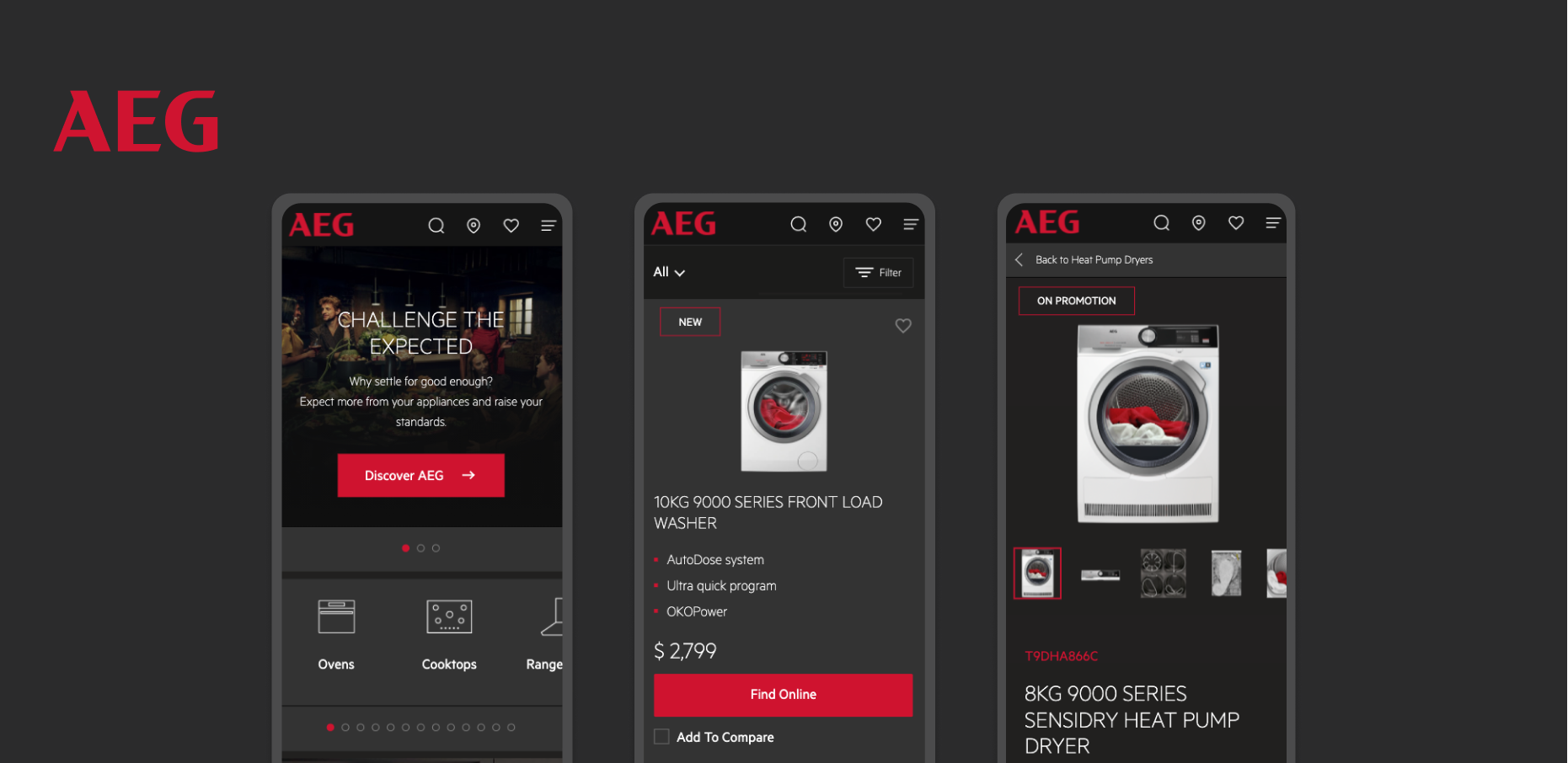 The image shows a mobile view of the AEG appliances website, split into three sections/screens.

1. The first screen featu...