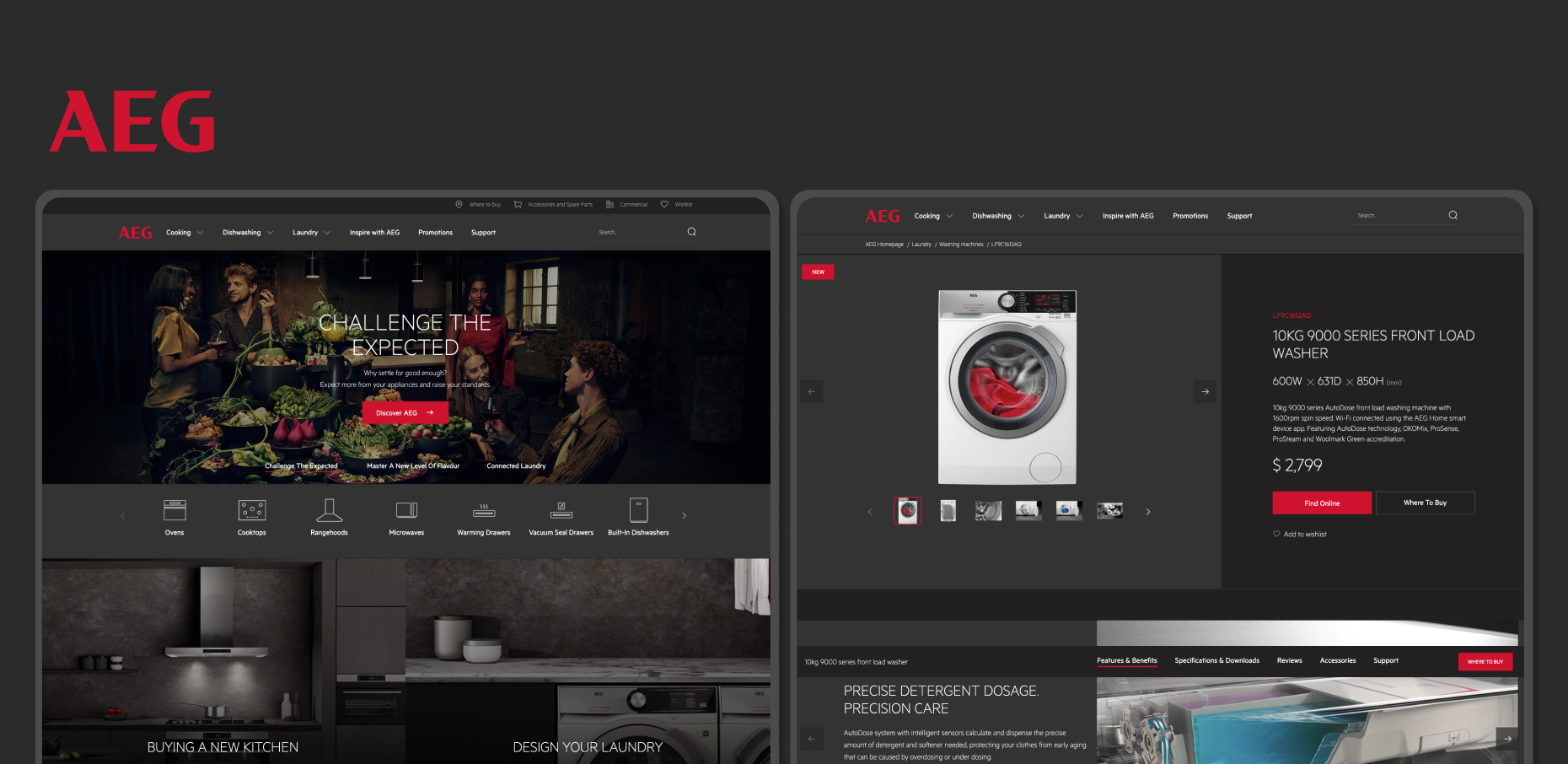 The image shows two webpage screens from the AEG website.

- The left screen is the AEG homepage. It features a header wit...