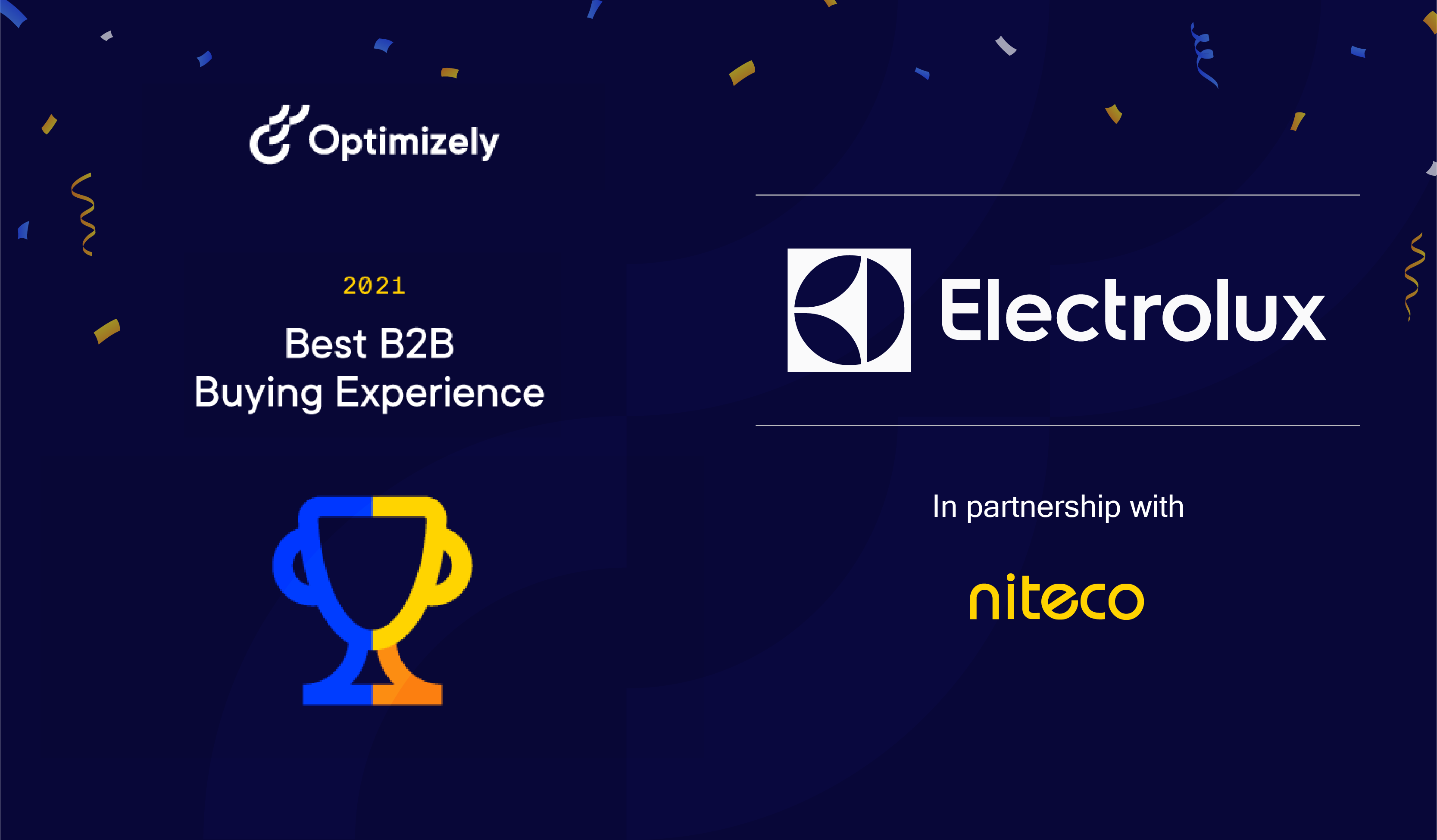 The image shows an award announcement. It states:

- "2021 Best B2B Buying Experience" awarded by Optimizely.
- The recipi...