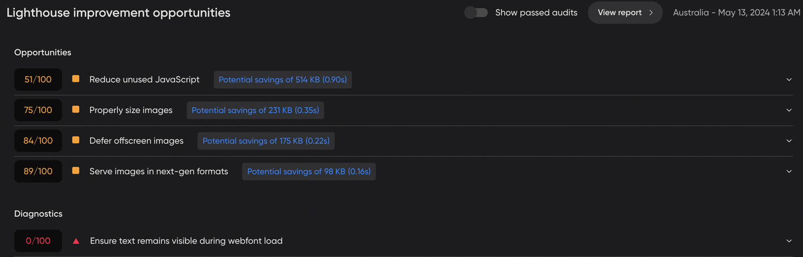 Lighthouse report showing improvement scores and potential savings for web assets.