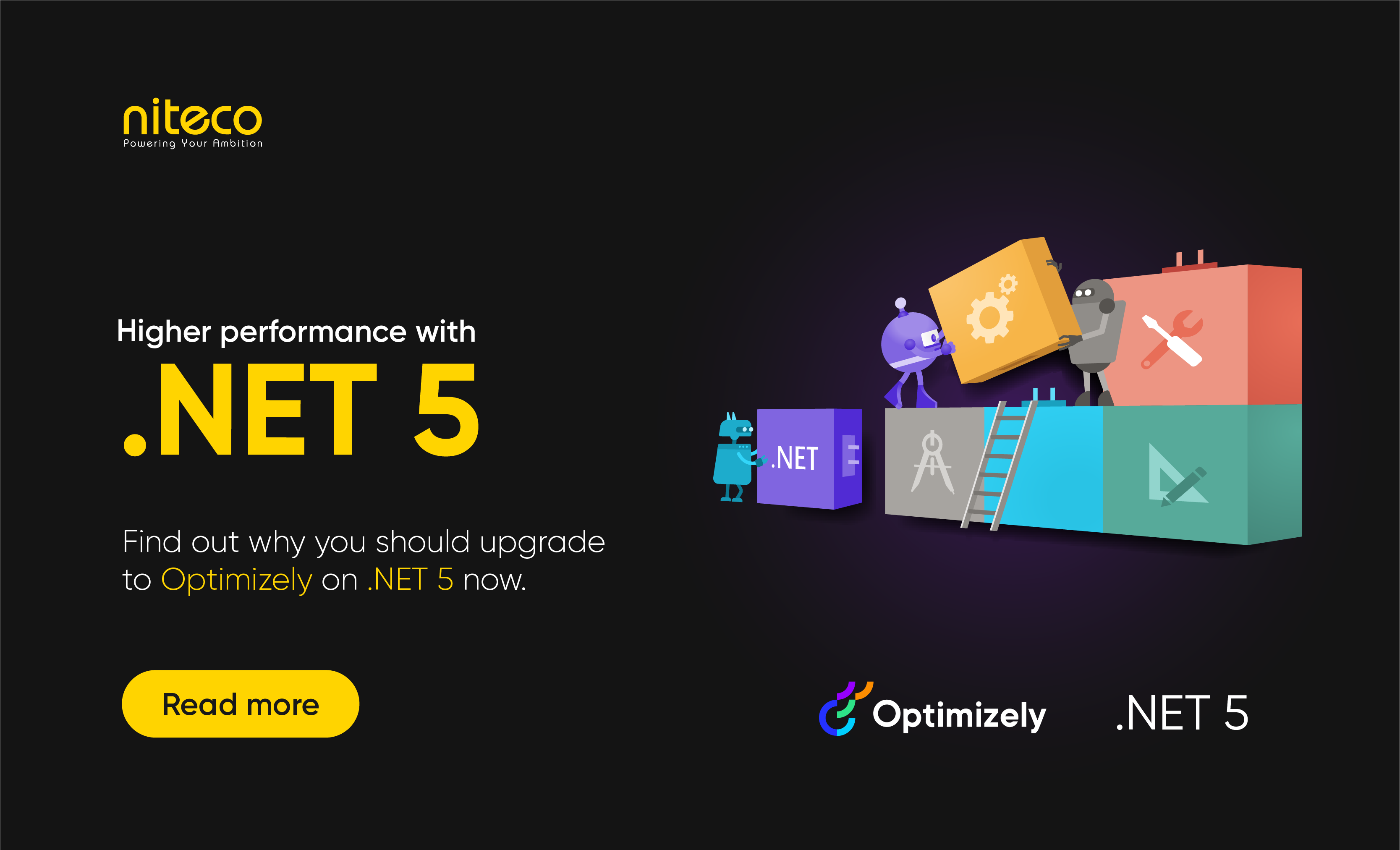The image is an advertisement for upgrading to .NET 5 for higher performance, specifically with Optimizely. The main texts...