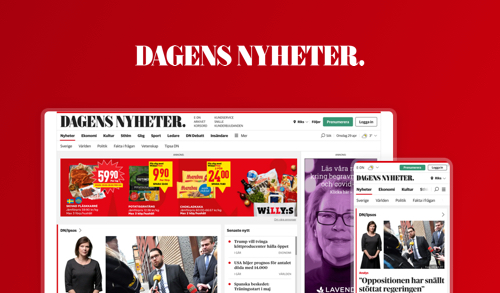 The image shows the logo of "Dagens Nyheter", a Swedish newspaper, at the top center in bold white text on a red backgroun...