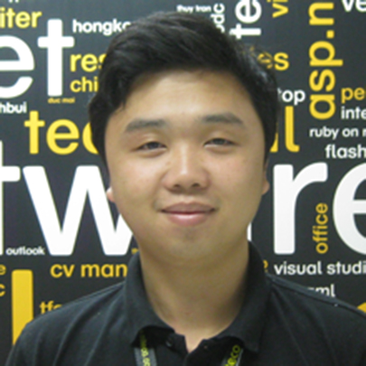 Young professional with programming keywords background, tech skills focus