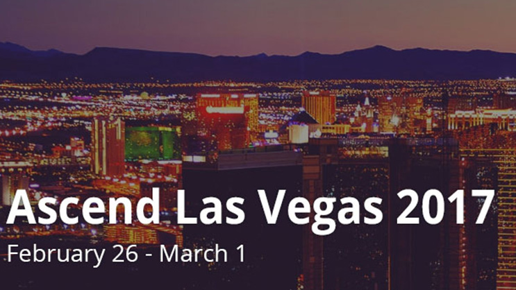 Las Vegas skyline at dusk promoting Ascend Las Vegas 2017 event dates February 26 to March 1