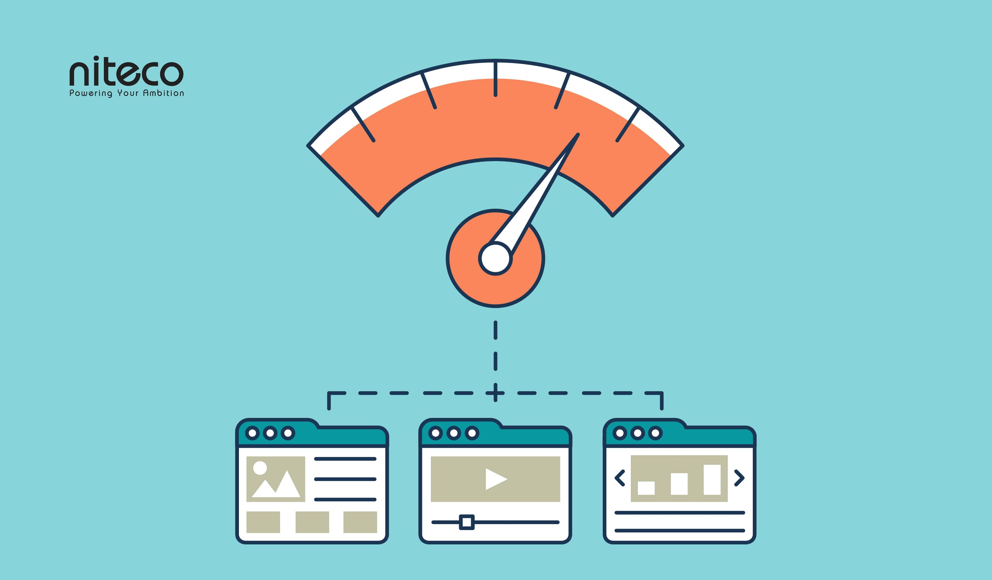 Website speed optimization with performance gauge and browser tabs icons