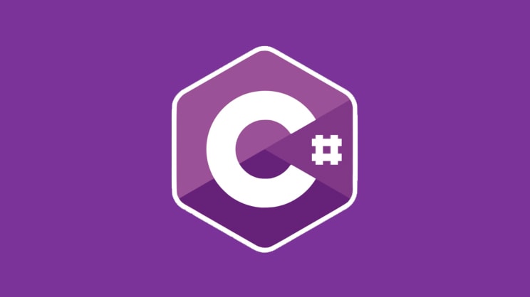 C# programming language logo on purple background for C# tutorials page