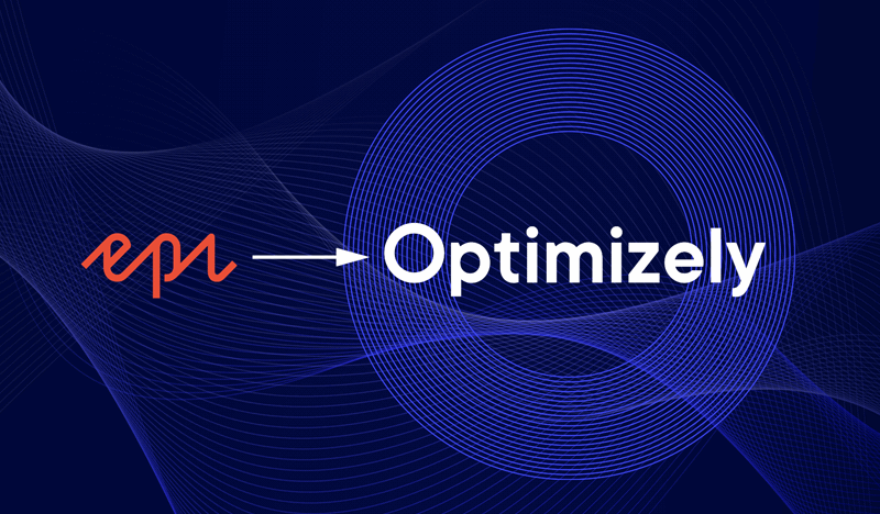 Epi merging with Optimizely logo on a blue abstract background