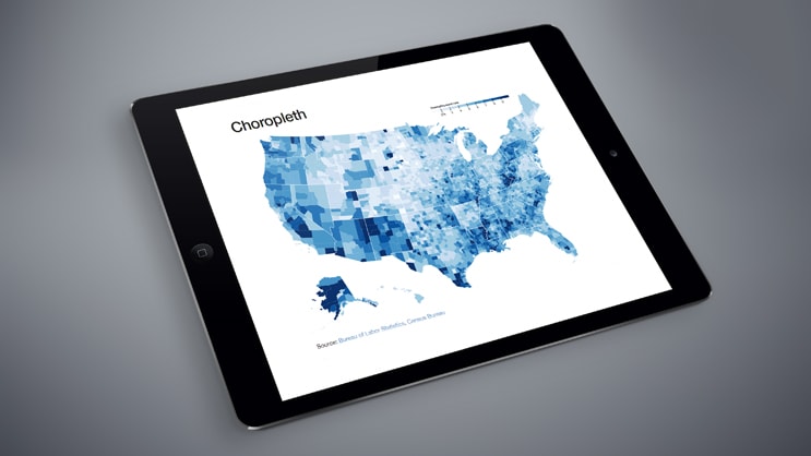 US choropleth map showing data distribution by county on a tablet screen