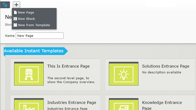 New Page creation with options for New Block or New from Template selection