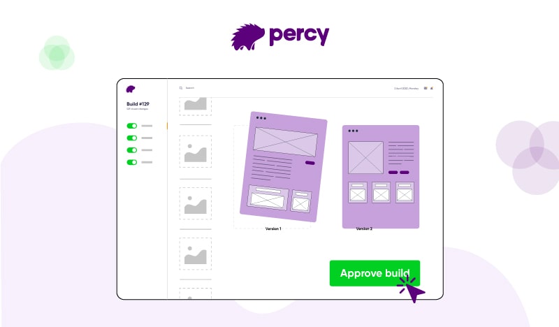 Percy visual testing interface showing approval of website build changes