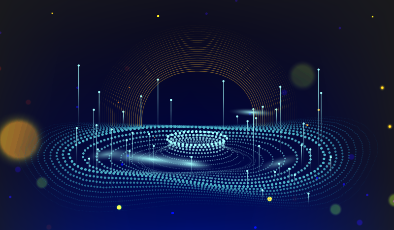 Abstract data visualization with concentric blue dots and vertical light lines