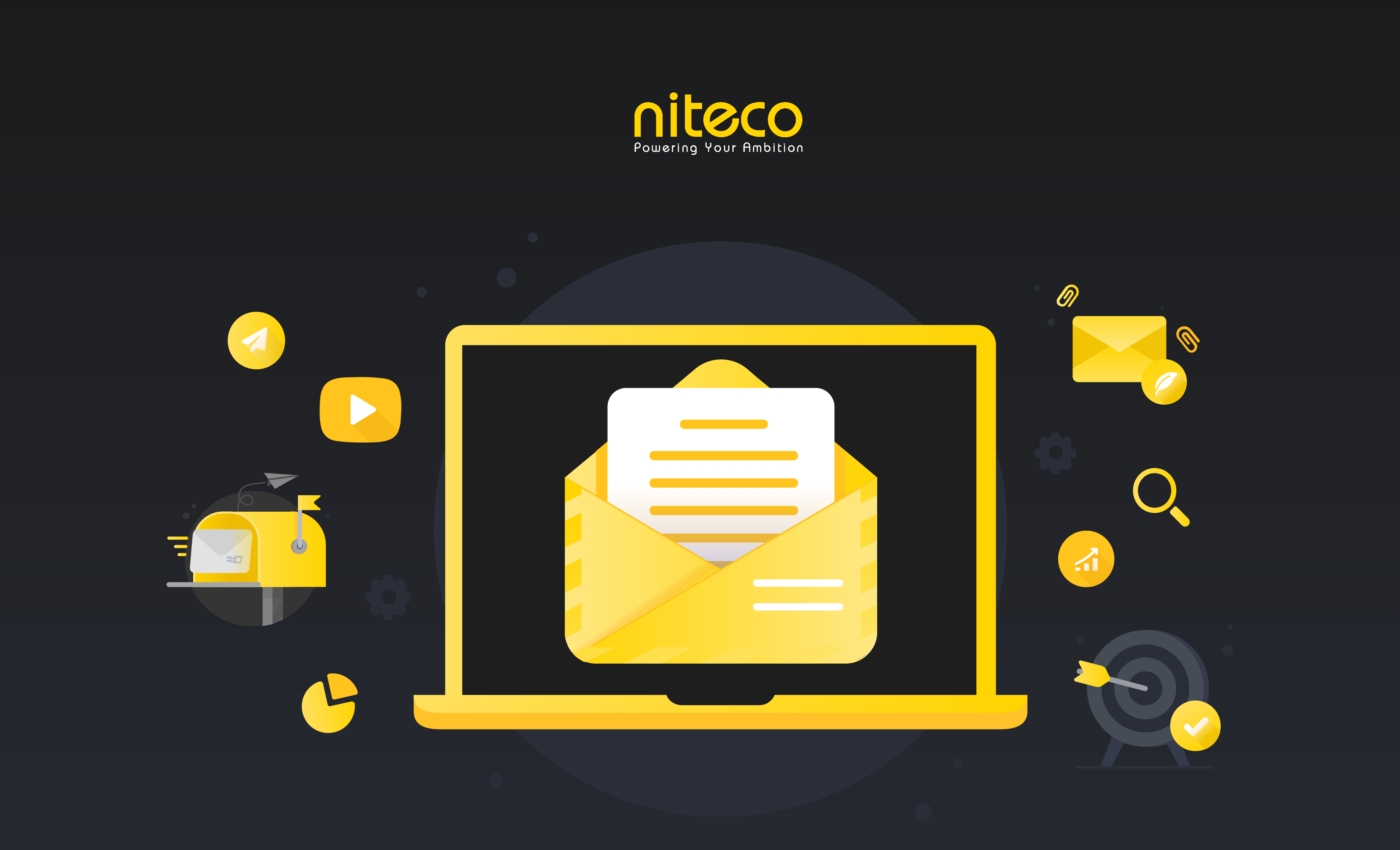 Email marketing concept with laptop, envelope, and digital icons in yellow