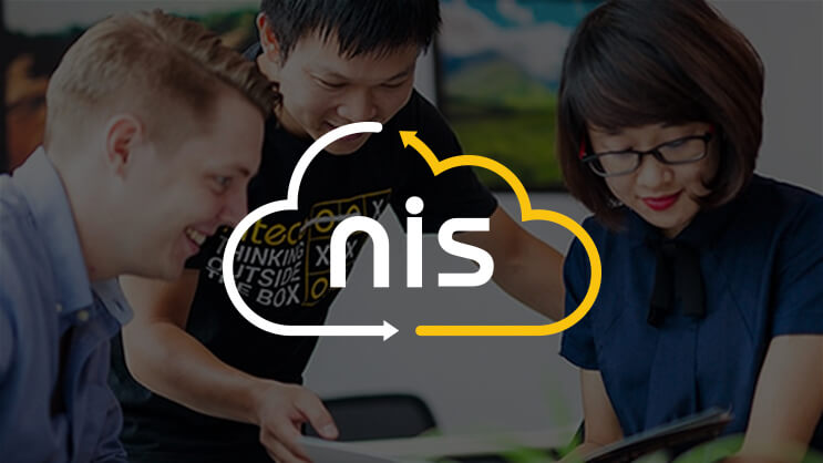 Team collaborating on cloud technology with nis logo overlay