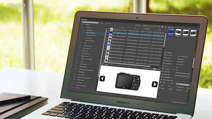 MacBook Air displaying photo editing software with camera images and metadata