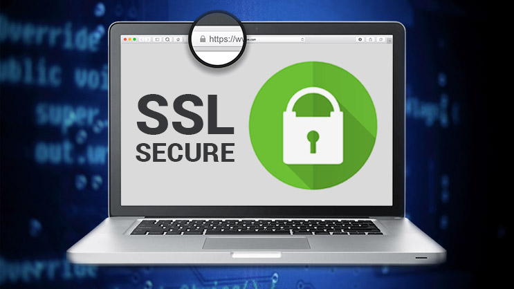 Laptop screen showing SSL secure website with HTTPS and padlock icon