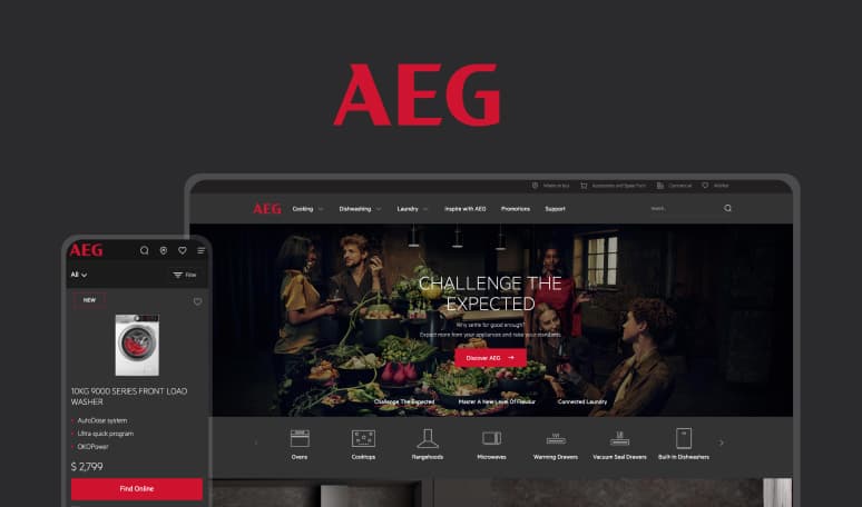AEG website showing front load washer and connected laundry options