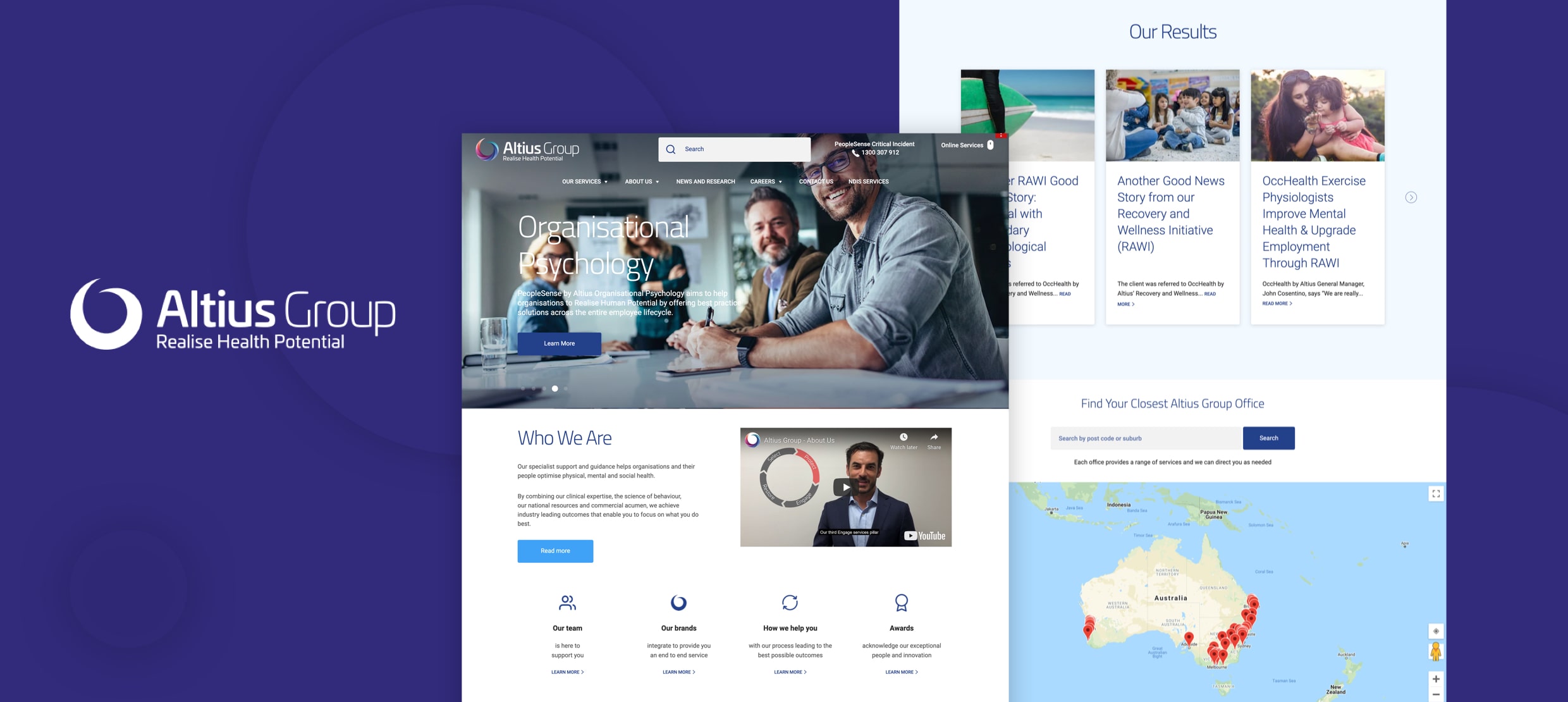 Altius Group website homepage showcasing organisational psychology and recovery results