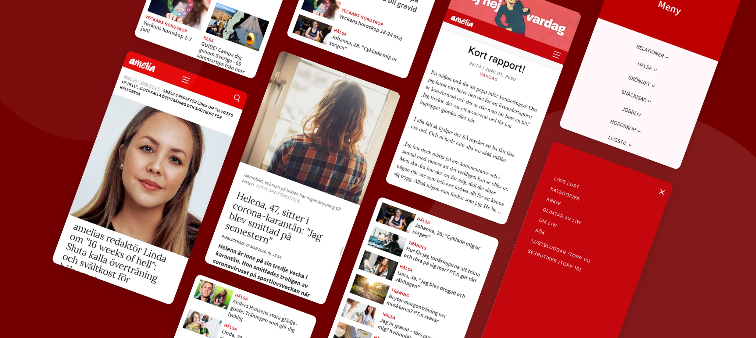 Amelia magazine mobile layout with health, horoscopes, and lifestyle articles