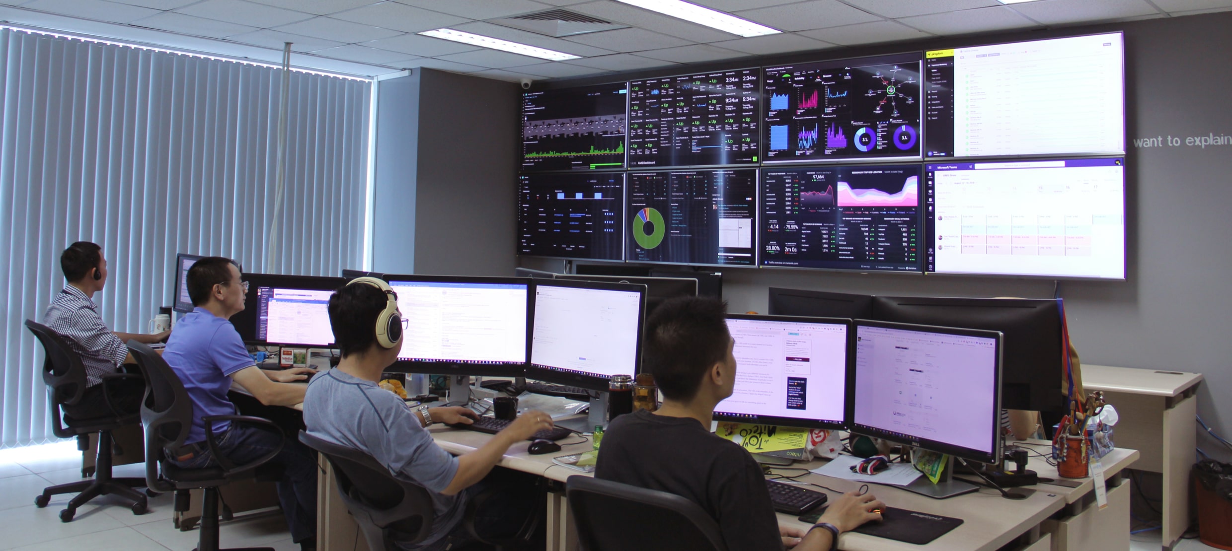 IT team monitoring multiple computer screens and data dashboards in control room