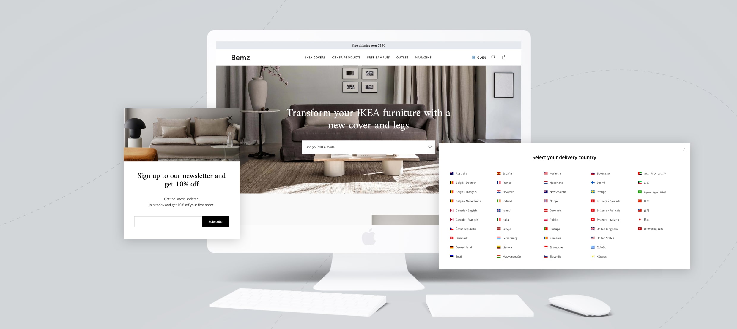 Bemz website on desktop showing IKEA furniture covers and delivery country options
